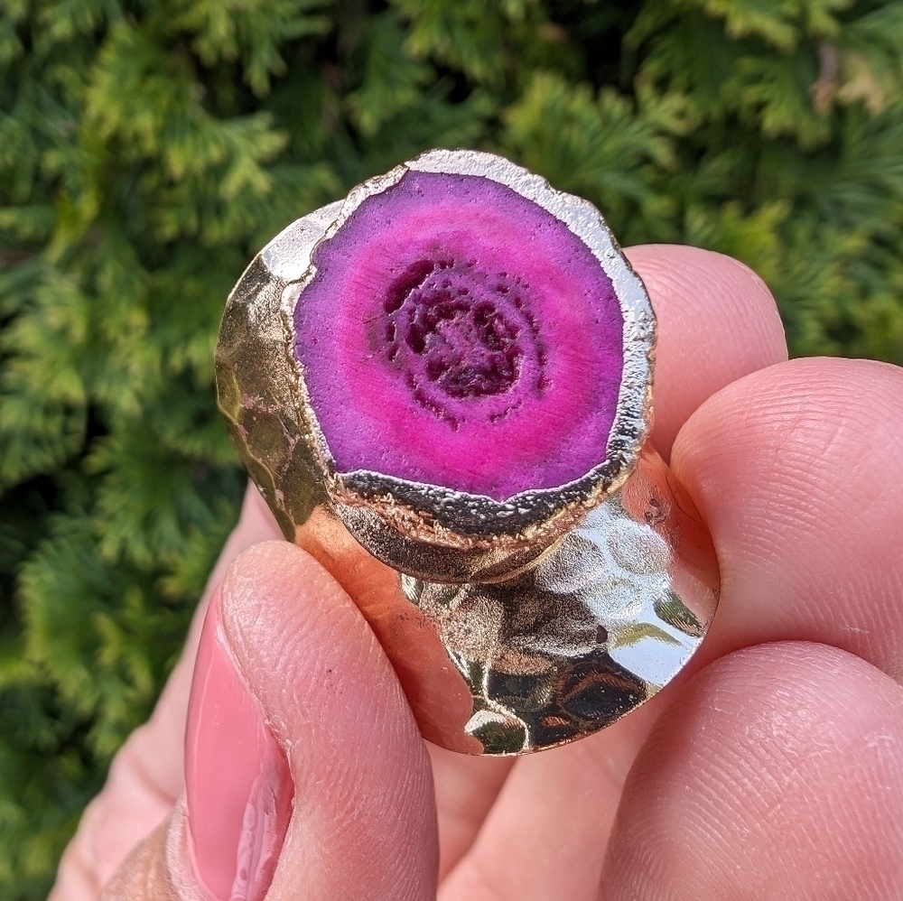 Artisan Handmade In Morocco Adjustable Pink Geode Wide Band Gold Ring Size 9.25 - Picture 8 of 9